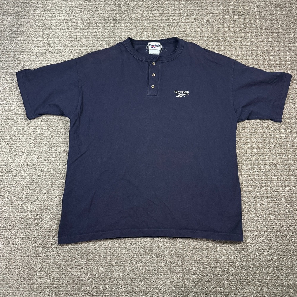 Vintage Reebok Henley Shirt Mens XL Navy Blue Short Sleeve Vector Logo T-Shirt